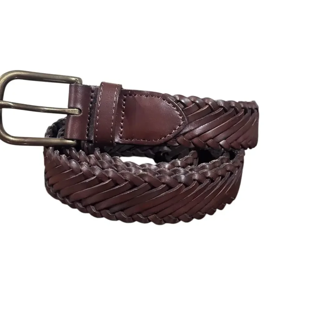 J. Crew Diagonal Braided Leather Belt Brown Brass Hardware Classic Men's Size L